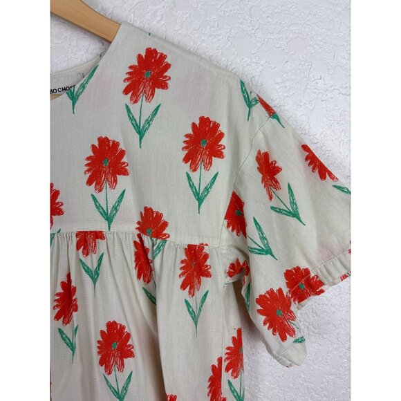 Bobo Choses Floral Print Dress Girls 8-9 Years Beige & Red Short Sleeves Cotton - Picture 2 of 7